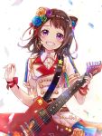  1girl bang_dream! bangs blue_flower brown_hair center_frills commentary_request confetti double-breasted dress electric_guitar esp_guitars flower green_flower grin guitar hair_flower hair_ornament hair_ribbon headset highres iku2727 instrument looking_at_viewer orange_flower plectrum purple_flower red_ribbon ribbon short_hair short_sleeves smile solo star star_hair_ornament toyama_kasumi treble_clef violet_eyes wrist_ribbon 