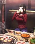  1girl black_eyes black_hair chopsticks eating food food_in_mouth highres indoors jun_(seojh1029) long_hair long_sleeves original plate red_sweater restaurant sitting solo sweater table turtleneck turtleneck_sweater 