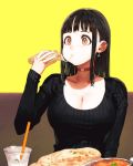  1girl bangs black_hair black_sweater blunt_bangs blush breasts brown_eyes choker cleavage cup curry drinking_glass drinking_straw earrings eyelashes food food_in_mouth gravy_boat highres jewelry jun_(seojh1029) long_hair naan_bread original plate sleeves_past_wrists solo sweater 