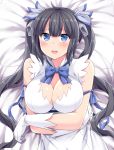  1girl black_hair blue_bow blue_eyes blue_neckwear blue_ribbon blush bow bowtie breasts cleavage dress dungeon_ni_deai_wo_motomeru_no_wa_machigatteiru_darou_ka eyebrows_visible_through_hair gloves hair_ornament hasu_(hk_works) hestia_(danmachi) long_hair looking_at_viewer lying on_back open_mouth ribbon sleeveless sleeveless_dress solo twintails white_dress white_gloves 