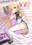  1girl animal_ear_fluff animal_ears apron ass bangs bed_sheet black_dress black_footwear blonde_hair blush breasts cat_ears cat_girl cat_pillow cat_tail commentary_request curtains dress eyebrows_visible_through_hair frilled_apron frills full_body green_eyes green_panties hajime_kaname highres long_hair looking_at_viewer lying maid maid_headdress mary_janes no_shoes on_side original panties parted_lips petals pillow pillow_hug puffy_short_sleeves puffy_sleeves shoes shoes_removed short_sleeves small_breasts solo tail tears thigh-highs transparent two_side_up underwear v-shaped_eyebrows very_long_hair waist_apron white_apron white_legwear wrist_cuffs 