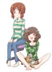  2girls :d akiyama_yukari bandage bandaid bangs barefoot blue_pants blue_shorts boko_(girls_und_panzer) brown_eyes brown_hair camouflage_shirt casual chair closed_eyes closed_mouth commentary_request denim eyebrows_visible_through_hair girls_und_panzer green_shirt grey_legwear hands_on_lap holding holding_stuffed_animal hood hoodie jeans light_blue_hair long_sleeves looking_at_viewer messy_hair monolith_(suibou_souko) multiple_girls nishizumi_miho no_shoes office_chair on_ground open_mouth pants shirt short_hair shorts simple_background sitting smile socks striped striped_shirt stuffed_animal stuffed_toy teddy_bear white_background zipper 