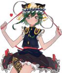  1girl between_legs black_dress black_headwear blue_shirt cowboy_shot dress green_hair hat hat_ribbon heart holding maple_(abc2215) red_ribbon ribbon ribbon_trim rod_of_remorse shiki_eiki shirt short_hair_with_long_locks simple_background sleeveless sleeveless_shirt solo symbol_commentary touhou white_background 