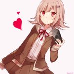  1girl :o bangs blush brown_jacket brown_skirt commentary_request cowboy_shot dangan_ronpa dangan_ronpa_3 eyebrows_visible_through_hair flipped_hair hair_ornament handheld_game_console heart holding holding_handheld_game_console jacket light_brown_hair long_sleeves looking_at_viewer minamiya_mia nanami_chiaki pink_eyes playstation_portable pleated_skirt red_heart red_ribbon ribbon shirt short_hair simple_background skirt solo standing white_background white_shirt 