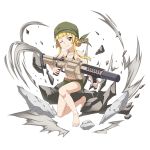  1girl ;) barefoot bikini_top blonde_hair breasts brown_bikini_bottom collarbone fukaziroh_(sao) full_body green_bandana green_shorts gun highres holding holding_gun holding_weapon official_art one_eye_closed one_knee orange_eyes rifle short_hair_with_long_locks short_shorts shorts sideboob sidelocks small_breasts smile solo sword_art_online transparent_background weapon 