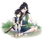  1boy 1girl age_switch bandage barefoot black_hair brown_eyes child dororo_(character) dororo_(tezuka) hair_over_one_eye high_ponytail hyakkimaru_(dororo) japanese_clothes long_hair looking_at_another nyangorobei older ponytail prosthesis sitting sleeveless younger 