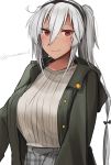  1girl breasts brown_eyes commentary_request dark_skin eyebrows_visible_through_hair glasses green_coat hair_between_eyes hairband highres kantai_collection large_breasts musashi_(kantai_collection) plaid plaid_skirt platinum_blonde_hair ponytail semi-rimless_eyewear shirt short_hair_with_long_locks simple_background skirt smile solo t-shirt twitter_username under-rim_eyewear white_background yunamaro 