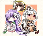  3girls absurdres altera_(fate) bandage bandage_over_one_eye bandaged_arm bandaged_leg bandages bangs bare_shoulders barefoot black_legwear blue_shirt blunt_bangs blush brown_background brown_eyes brown_hair chibi chibi_on_head closed_mouth commentary_request dark_skin detached_sleeves eyebrows_visible_through_hair fate/extra fate/grand_order fate_(series) highres jako_(jakoo21) kingprotea kishinami_hakuno_(female) long_hair long_sleeves minigirl moss multiple_girls on_head polka_dot polka_dot_background purple_hair red_eyes red_footwear shirt shoes sitting translation_request two-tone_background v-shaped_eyebrows very_long_hair violet_eyes white_background white_hair white_sleeves 