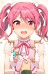 1girl 1other :o bang_dream! bare_arms blush breasts collared_shirt crying crying_with_eyes_open dated earrings gloves hair_ornament hair_ribbon hand_holding heart jewelry long_hair looking_at_viewer maruyama_aya medium_breasts neck_ribbon nose_blush open_mouth pink_eyes pink_hair pink_neckwear pov pov_hands ribbon see-through shirt short_sleeves sidelocks signature solo tarachine tears twintails upper_body white_gloves white_ribbon white_shirt