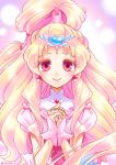  1girl artist_name blonde_hair bridal_gauntlets cure_tomorrow earrings enishi_(menkura-rin10) floating_hair hair_ornament hair_rollers hands_clasped hands_together heart heart_earrings heart_hair_ornament high_ponytail highres hug-tan_(precure) hugtto!_precure jewelry long_hair looking_at_viewer own_hands_together pink_eyes precure short_sleeves smile solo upper_body very_long_hair 