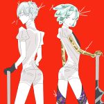  2others alternate_costume androgynous antarcticite colored_eyelashes eyebrows_visible_through_hair gem_uniform_(houseki_no_kuni) gloves golden_arms green_eyes green_hair gyu_nba32 highres houseki_no_kuni looking_back multiple_others necktie phosphophyllite red_background short_hair smile sword weapon white_eyes white_hair white_skin 