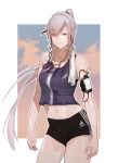 1girl ak-12_(girls_frontline) bangs black_shorts braid breasts cellphone cellphone_strap closed_mouth collarbone commentary_request earphones eyebrows_visible_through_hair french_braid girls_frontline highres huqu long_hair looking_at_viewer medium_breasts midriff navel one_eye_closed phone ponytail ribbon short_shorts shorts sidelocks silver_hair smartphone smile solo sportswear sweat towel very_long_hair violet_eyes 
