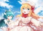  2girls :d blonde_hair blue_dress blue_eyes blue_hair blue_sky blush bow bowtie bruise bruise_on_face capelet cirno clouds crossed_bandaids day dress folded_leg frown hair_between_eyes hair_bow hat highres injury lily_white long_hair looking_at_viewer multiple_girls open_mouth outdoors outstretched_arms petals pinafore_dress red_bow red_neckwear red_ribbon ribbon shirt short_hair short_sleeves sky sleeves_past_wrists smile spread_arms touhou upper_body useq1067 very_long_hair white_capelet white_dress white_shirt wings 