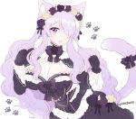  1girl alternate_costume animal_ears black_gloves bow breasts camilla_(fire_emblem_if) cat_ears cat_tail cleavage dress fire_emblem fire_emblem_if flower gloves hair_flower hair_ornament hair_over_one_eye large_breasts long_hair long_sleeves nintendo open_mouth plushcharm purple_hair simple_background solo tail twitter_username upper_body violet_eyes white_background 