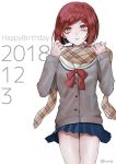 1girl 2018 @ alternate_costume artist_name blue_skirt bob_cut bow breasts commentary_request dangan_ronpa dated eyebrows_visible_through_hair grey_shirt happy_birthday long_sleeves looking_at_viewer new_dangan_ronpa_v3 pleated_skirt red_eyes redhead sakuyu scarf school_uniform shirt short_hair simple_background skirt small_breasts solo white_background yumeno_himiko 