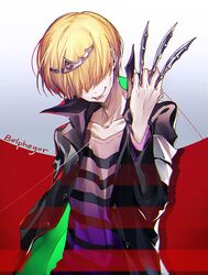  1boy belphegor_(reborn) blonde_hair closed_mouth commentary_request hair_over_eyes highres hotechige katekyo_hitman_reborn male_focus shirt smile solo striped striped_shirt tiara 