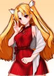  1girl absurdres bangs bitter_sweet_(fate/grand_order) blonde_hair blush breasts commentary_request covered_nipples cross cross_necklace dress earrings ereshkigal_(fate/grand_order) fate/grand_order fate_(series) hair_ribbon highres jewelry light_smile long_hair necklace parted_bangs pixiv_fate/grand_order_contest_1 red_dress red_eyes ribbed_dress ribbon shawl short_dress signature sleeveless sleeveless_dress small_breasts solo two_side_up waving white_ribbon z1004ero 