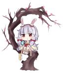  1girl :o animal_ears animal_slippers azur_lane bailingxiao_jiu blush bow brown_eyes bunny_slippers chibi dress hair_bow hairband in_tree laffey_(azur_lane) long_hair long_sleeves parted_lips pink_footwear pleated_dress rabbit_ears red_bow red_dress red_hairband silver_hair simple_background sitting sitting_in_tree solo tree twintails very_long_hair white_background 