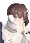  1boy 1girl admiral_(kantai_collection) blush brown_eyes brown_hair commentary_request covering_mouth earmuffs grey_scarf hair_between_eyes highres jewelry kaga_(kantai_collection) kantai_collection long_hair looking_at_another ninoude_(ninoude44) ring scarf side_ponytail simple_background solo_focus watch watch wedding_band white_background white_coat 