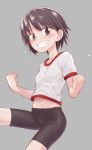  1girl bangs bike_shorts black_shorts brown_eyes brown_hair clenched_hands commentary cowboy_shot eyebrows_visible_through_hair girls_und_panzer grey_background grin gym_shirt gym_uniform isobe_noriko leg_up looking_at_viewer monolith_(suibou_souko) navel shirt short_hair short_shorts short_sleeves shorts simple_background smile solo standing standing_on_one_leg sweat t-shirt thighs white_shirt 