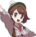  1girl :d arm_up blush bob_cut brown_eyes brown_hair buttons cable_knit cardigan collared_dress commentary_request dress gloria_(pokemon) green_headwear grey_cardigan happy hat highres hooded_cardigan open_mouth pink_dress pokemon pokemon_(game) pokemon_swsh saon101 short_hair simple_background smile solo tam_o&#039;_shanter upper_body white_background 