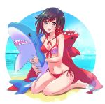  1girl animal_hood bare_shoulders bikini black_hair cape cloak collarbone floral_print gradient_hair grey_eyes highres hood hooded_cloak iesupa midriff multicolored_hair navel red_bikini red_cape redhead rose_print ruby_rose rwby shark short_hair sitting solo stuffed_animal stuffed_shark stuffed_toy swimsuit toy two-tone_hair wariza 