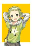  1boy arms_behind_head green_eyes green_hair green_shirt hairband hood hoodie idolmaster idolmaster_side-m long_sleeves looking_at_viewer male_focus mitarai_shouta open_mouth shirt solo star_(symbol) star_print striped striped_hoodie teeth toumeitou undershirt upper_teeth_only white_hairband 