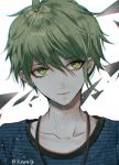  1boy @ amami_rantarou artist_name closed_mouth collarbone commentary_request dangan_ronpa ear_piercing earrings eyebrows_visible_through_hair face green_eyes green_hair hair_between_eyes jewelry looking_at_viewer male_focus necklace new_dangan_ronpa_v3 piercing sakuyu shirt short_hair solo striped striped_shirt 