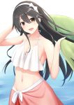  1girl :d akahi242 alternate_costume bare_shoulders breasts cleavage collarbone green_towel grey_hair hair_between_eyes hair_ornament hairband hairclip haruna_(kantai_collection) highres holding holding_towel kantai_collection large_breasts long_hair looking_at_viewer midriff navel open_mouth smile solo swimsuit towel white_bikini_top white_hairband 