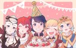  1boy 4girls alfonse_(fire_emblem) anna_(fire_emblem) anniversary black_gloves blonde_hair blue_eyes blue_hair breasts brother_and_sister cake cleavage closed_eyes closed_mouth crown d0o00o0b earrings eir_(fire_emblem) feh_(fire_emblem_heroes) fire_emblem fire_emblem_heroes fjorm_(fire_emblem_heroes) food gloves gradient_hair grin hair_ornament hat jewelry long_hair multicolored_hair multiple_girls nintendo one_eye_closed open_mouth party_hat pink_hair ponytail red_eyes redhead sharena short_hair siblings silver_hair smile 