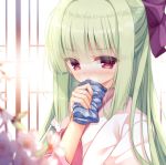  1girl backlighting bangs blurry blurry_foreground blush bow cariboy commentary_request covered_mouth depth_of_field eyebrows_visible_through_hair flower green_hair hair_between_eyes hair_bow hand_up holding japanese_clothes kimono long_hair long_sleeves murasame_(senren) plaid purple_bow red_eyes senren_banka solo unmoving_pattern upper_body white_flower white_kimono 