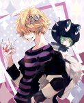  akirakarin belphegor_(reborn) blonde_hair commentary_request fran_(reborn) hair_over_eyes hat highres jewelry katekyo_hitman_reborn knife male_focus multiple_boys ring shiratama_akari shirt smile striped striped_shirt tiara 