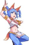  1girl :o animal_ear_fluff animal_ears arm_up armlet armpits bare_shoulders blue_eyes blue_hair bracelet crotchless_pants dancer eyebrows_visible_through_hair eyes_visible_through_hair hair_ornament highres jewelry kotri_(rabi-ribi) looking_at_viewer midriff navel necklace pants rabi-ribi solo speckticuls tail transparent_background twintails upper_body 