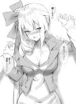  &gt;:o 1girl bangs blush bow breasts cleavage commentary commentary_request dress eyebrows_visible_through_hair fal_(girls_frontline) girls_frontline grabbing grabbing_another&#039;s_hand greyscale hair_ribbon jacket lace large_breasts long_hair looking_at_viewer monochrome open_clothes open_jacket pinned pooor restrained ribbon side_ponytail sidelocks simple_background speech_bubble sweat translation_request very_long_hair white_background 