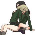  2girls arm_support bangs black_eyes black_footwear black_hair black_legwear black_skirt blonde_hair blue_eyes commentary consoling crying girls_und_panzer green_jacket hand_on_another&#039;s_back jacket katyusha leaning_back loafers long_hair long_sleeves looking_at_another miniskirt monolith_(suibou_souko) multiple_girls nonna pleated_skirt pravda_school_uniform red_shirt sad school_uniform shirt shoes short_hair simple_background sitting skirt socks straddling swept_bangs wariza white_background 