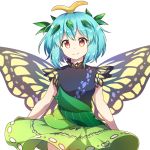  1girl antennae bangs bare_arms black_shirt blue_hair breasts butterfly_wings caramell0501 commentary cowboy_shot english_commentary eternity_larva eyebrows_visible_through_hair green_skirt hair_between_eyes leaf looking_at_viewer orange_eyes shirt short_hair simple_background skirt small_breasts smile solo touhou white_background wings 