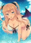  1girl :d all_fours animal aotsu_karin aqua_eyes bat_wings bikini bird blonde_hair blue_sky blush breasts cleavage clouds collarbone commentary_request day fangs front-tie_bikini front-tie_top glint hair_between_eyes hair_ornament hair_scrunchie hand_up large_breasts long_hair looking_at_viewer open_mouth original outdoors scrunchie side-tie_bikini sky smile solo splashing swimsuit two_side_up water_drop wet white_bikini wings 