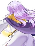  1girl ass book cape casting_spell circlet dress fire_emblem fire_emblem:_seisen_no_keifu lavender_hair long_hair long_sleeves looking_away looking_back nintendo portrait purple_hair solo twitter_username very_long_hair white_background wide_sleeves yukia_(firstaid0) yuria_(fire_emblem) 