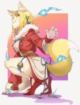  1girl absurdres animal_ears blonde_hair brown_hair fingerless_gloves fire_emblem fire_emblem_if fox_ears fox_tail full_body gloves grin hair_ornament highres japanese_clothes kinu_(fire_emblem_if) multicolored_hair nintendo pretty-purin720 short_hair smile solo squatting streaked_hair tail white_gloves white_legwear yellow_eyes 