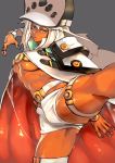  1girl absurdres belt beltbra breasts cape commentary dark_skin english_commentary fighting_stance guilty_gear guilty_gear_xrd hat highres kicking long_hair medium_breasts orange_eyes ramlethal_valentine shiny shiny_skin short_shorts shorts silver_hair solo standing standing_on_one_leg stomach thigh_strap under_boob unizama 