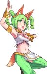  1girl :o animal_ear_fluff animal_ears arm_up armlet armpits bare_shoulders bracelet crotchless_pants dancer eyebrows_visible_through_hair eyes_visible_through_hair green_eyes green_hair hair_ornament highres jewelry kotri_(rabi-ribi) looking_at_viewer midriff navel necklace pants rabi-ribi solo speckticuls tail transparent_background twintails upper_body 