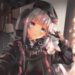  1girl bangs beret black_gloves black_hat blue_eyes blurry blush bokeh depth_of_field eyebrows_visible_through_hair girls_frontline gloves gonzz_(gon2rix) grey_hair hands_up hat head_tilt heterochromia highres long_hair long_sleeves looking_at_viewer mdr_(girls_frontline) multicolored_hair one_side_up pink_eyes pink_hair pink_lips self_shot sidelocks smile solo strap streaked_hair tactical_clothes upper_body v 