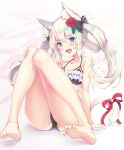  1girl akyorapenyo animal_ear_fluff animal_ears arm_support ass azur_lane bad_feet bangs bare_arms bare_legs bare_shoulders barefoot bell bikini black_bikini black_bow blue_eyes blush bow cat_ears cat_girl cat_tail collarbone commentary_request eyebrows_visible_through_hair fang feet fingernails flower hair_between_eyes hair_bow hair_flower hair_ornament hair_rings hammann_(azur_lane) head_tilt highres jingle_bell legs looking_at_viewer nail_polish open_mouth pink_nails red_flower red_ribbon red_rose ribbon rose sidelocks sitting soles solo swimsuit tail tail_bell tail_ribbon toenail_polish toenails twintails white_hair 