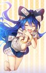  1girl :d barefoot blue_bow blue_hair blue_skirt bow bracelet chima_q closed_eyes commentary_request eyebrows_visible_through_hair full_body grey_hoodie hair_between_eyes hair_bow hands_clasped happy highres jewelry long_hair open_mouth own_hands_together skirt smile solo touhou very_long_hair yorigami_shion 