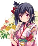  1girl black_hair floral_background flower hair_flower hair_ornament japanese_clothes kantai_collection kimono looking_at_viewer new_year odawara_hakone red_eyes solo upper_body yamashiro_(kantai_collection) 