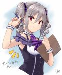  1girl arm_up armpit_peek bare_shoulders black_shirt breasts closed_mouth cropped_torso curly_hair dated feathers framed_breasts frills grey_hair hair_between_eyes hair_ribbon hand_up holding holding_notebook holding_pencil idolmaster idolmaster_cinderella_girls kanzaki_ranko long_hair looking_at_viewer notebook notice_lines pencil purple_ribbon red_eyes ribbon shirt sidelocks signature sleeveless sleeveless_shirt smile solo tarachine translation_request twintails wristband 