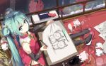  1girl aqua_eyes aqua_hair artist_name bangs china_dress chinese_clothes detached_sleeves double_bun dress from_above full_body hatsune_miku highres indoors k.syo.e+ long_hair nail_polish paintbrush painting painting_(object) paper pig sidelocks sitting solo thigh-highs twintails vocaloid window 