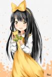 1girl artist_name black_hair bow brown_eyes devotion dress du_meishin flower hair_bow long_hair long_sleeves looking_at_viewer nesi_(etin_201095) origami pinafore_dress shirt simple_background smile solo standing tulip white_shirt yellow_bow yellow_dress yellow_flower 