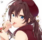  1girl bare_shoulders blue_eyes braid brown_hair dated finger_to_mouth floral_background flower from_side hair_between_eyes hands_up hat holding ichinose_shiki idolmaster idolmaster_cinderella_girls lips lipstick_tube long_hair looking_at_viewer looking_to_the_side nail_polish open_mouth pinky_out ponytail red_hat red_nails red_shirt shirt sidelocks signature sleeveless sleeveless_shirt solo tarachine turtleneck upper_body white_background white_flower 