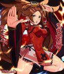 1girl :o absurdres artist_name breasts brown_eyes brown_hair chinese_clothes commentary covered_navel covered_nipples dress eyebrows_visible_through_hair fighting_stance guilty_gear hair_ring highres kuradoberi_jam long_hair sarukaiwolf solo thighs translation_request twintails